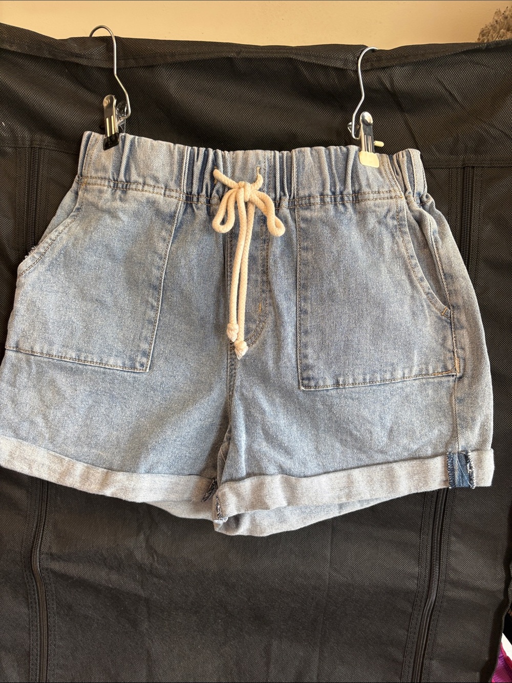 No Boundaries Light Blue Denim Drawstring Rolled Hem Shorts